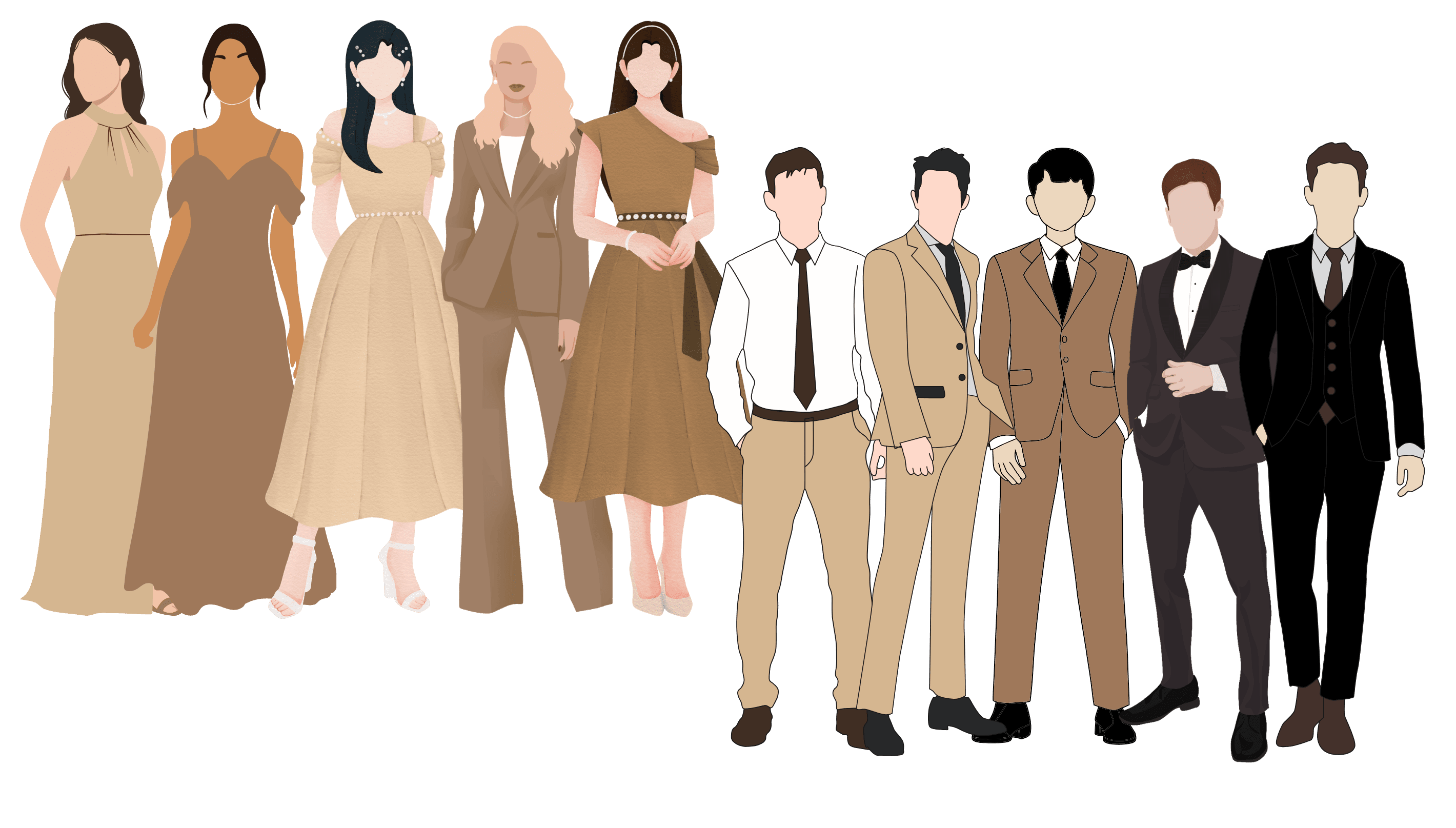 Sample guest outfits in beige, tan, and light brown — gowns and cocktail dresses for ladies, suits in tan and brown for gentlemen